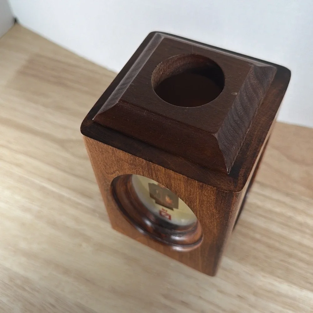 RETRO WOOD PHOTO PICTURE FRAME ROTATING DESK CADDY PENCIL HOLDER 2x3 OVAL 4 Pics